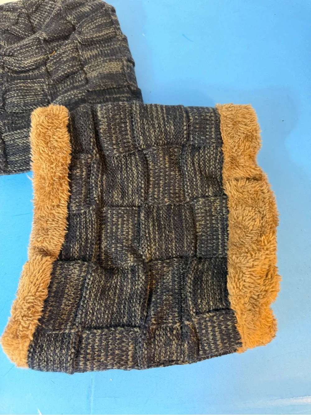 Men's Black Knit Beanie and Neck Warmer Set with Brown Faux Fur Trim